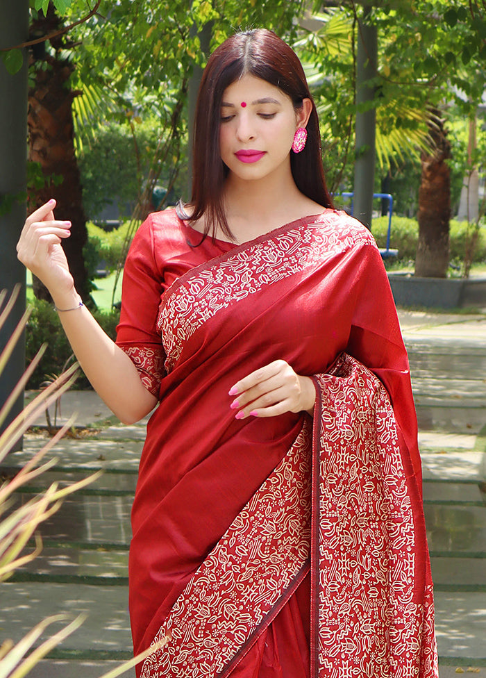 Red Spun Silk Saree With Blouse Piece Fashion Style Online