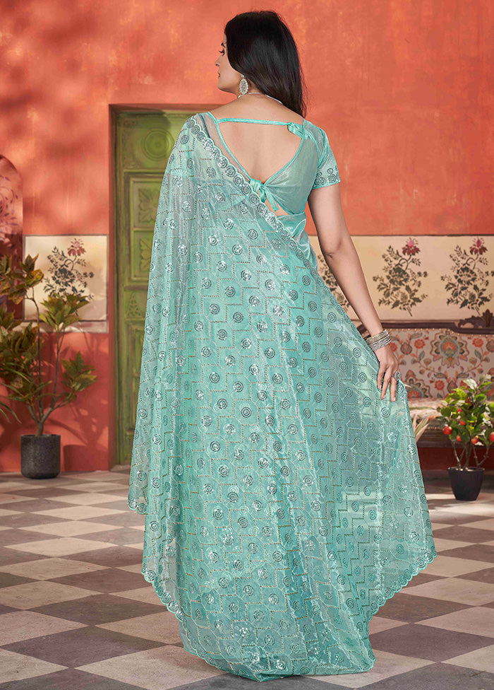 Sea Green Net Net Saree With Blouse Piece Cheap New Arrival