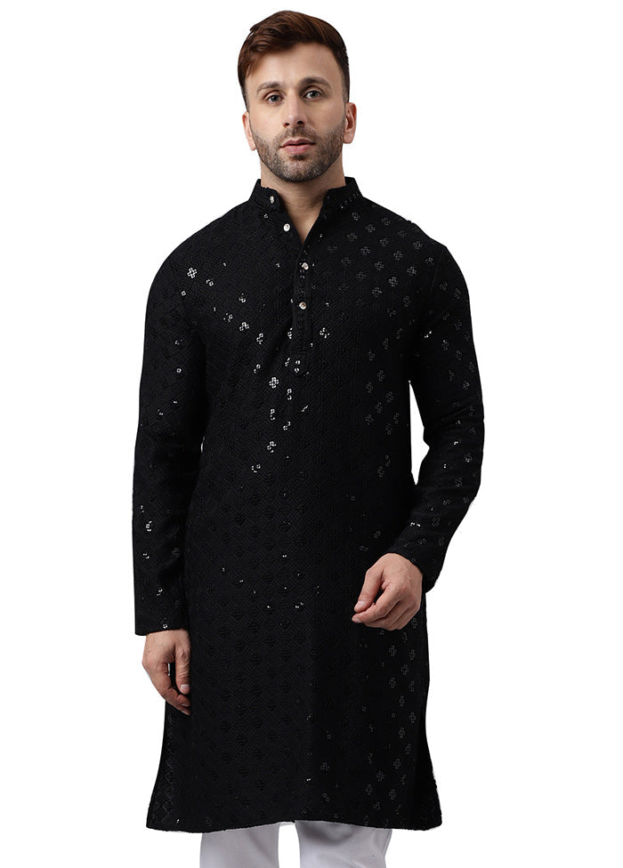 2 Pc Black Silk Kurta Pajama Set Quality Free Shipping For Sale