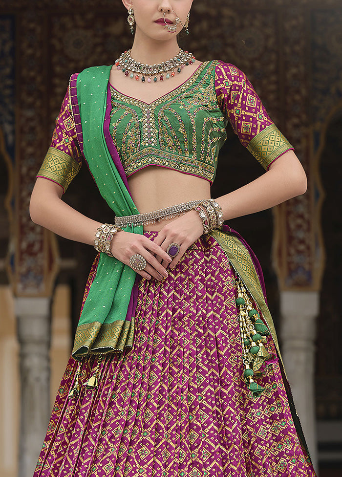 3 Pc Magenta Silk Semi Stitched Lehenga Set Outlet Official