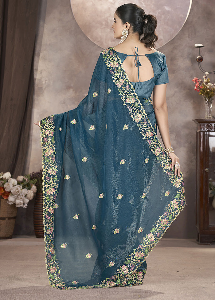 Blue Spun Silk Saree With Blouse Piece Supply Sale Online