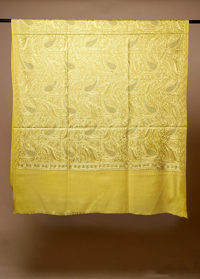 Green Butta Work With Zari Woven Border Shawl Big Discount For Sale