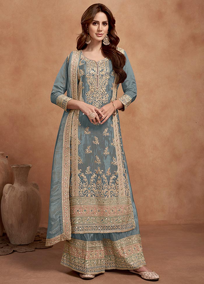 3 Pc Sky Blue Semi Stitched Silk Suit Set Free Shipping 2025 Unisex