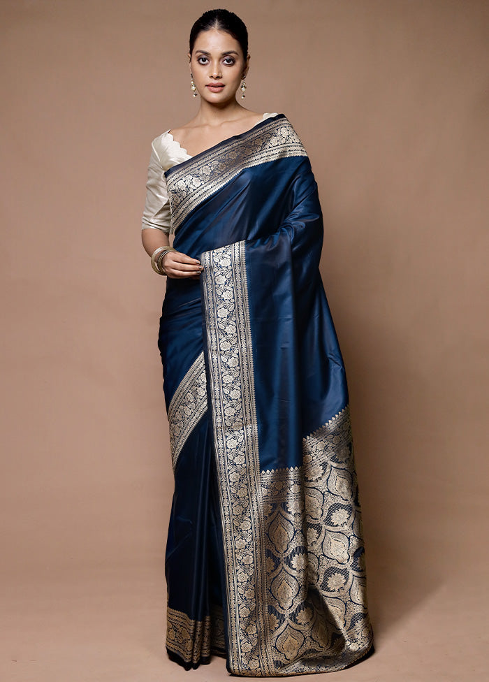 Blue Katan Silk Saree With Blouse Piece Free Shipping High Quality