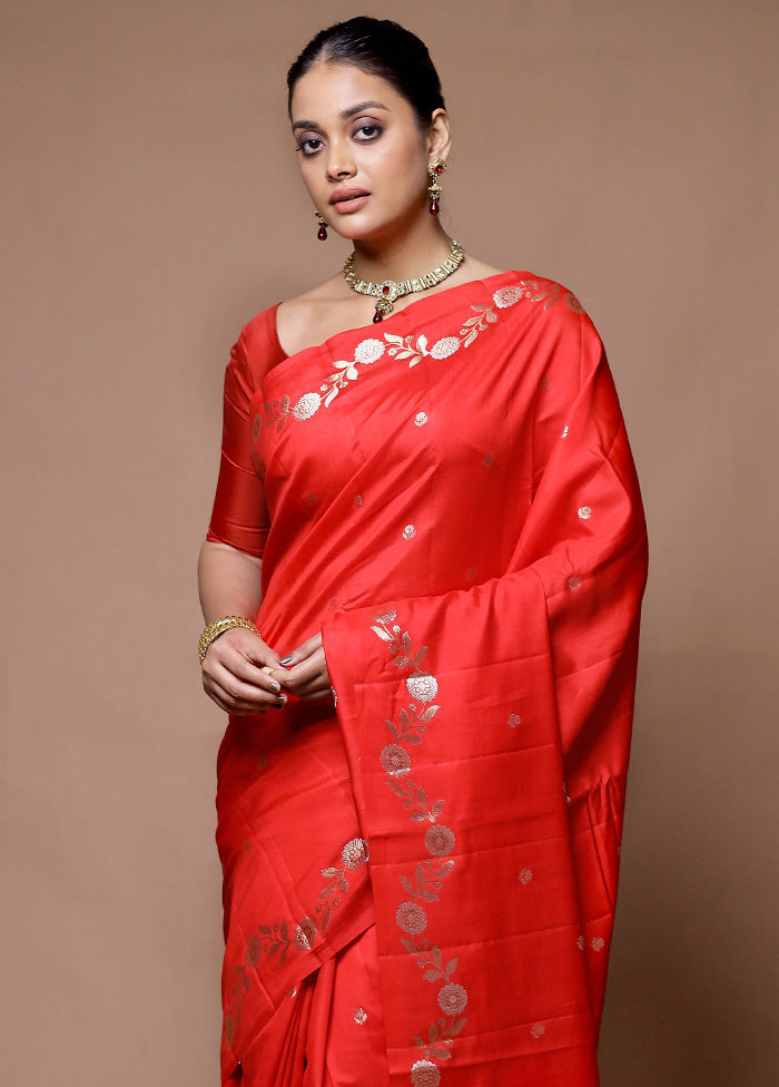 Red Handloom Dupion Pure Silk Saree With Blouse Piece Discount Purchase