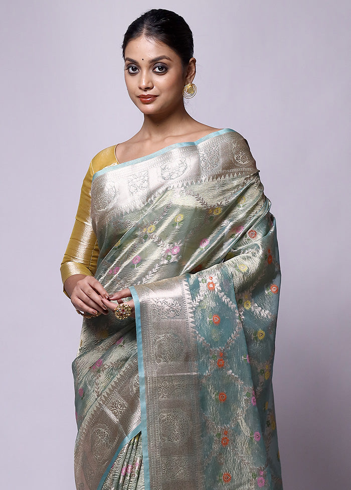 Green Crushed Tissue Silk Saree With Blouse Piece Brand New Unisex Sale Online