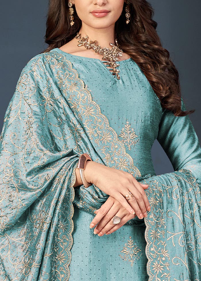 3 Pc Sky Blue Semi Stitched Georgette Suit Set Cheap Supply