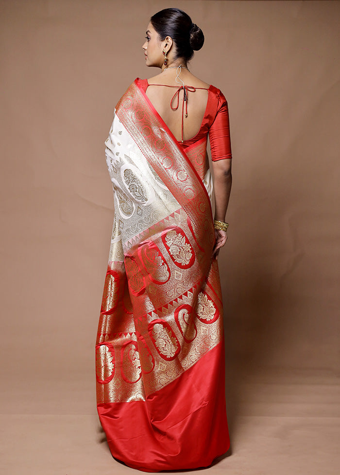 Cream Banarasi Silk Saree With Blouse Piece Cheap Sale Pick A Best