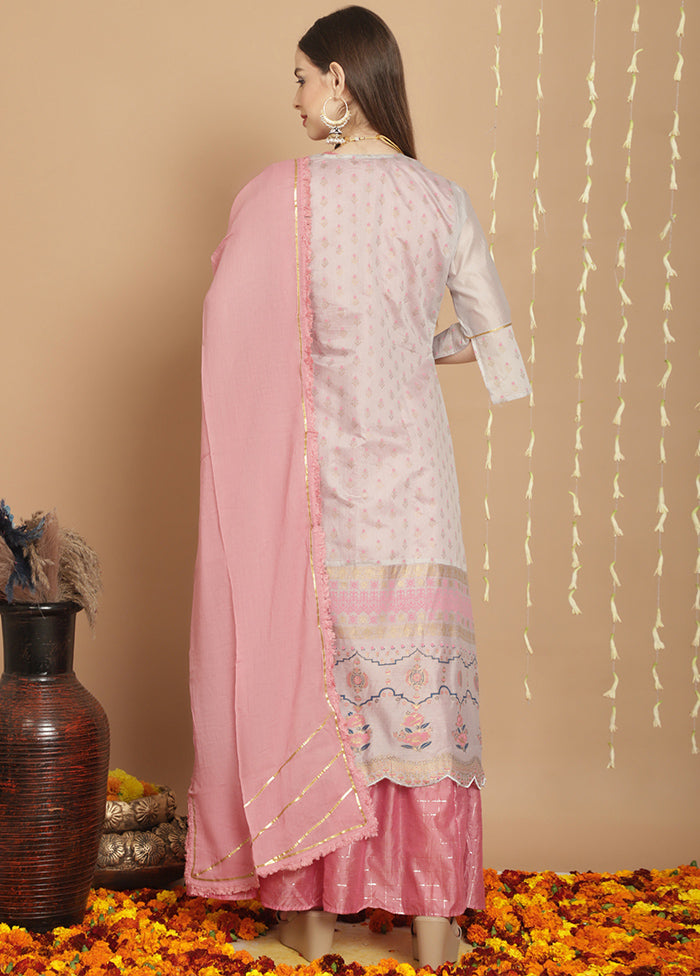 3 Pc Grey Unstitched Chanderi Suit Set Low Cost Online