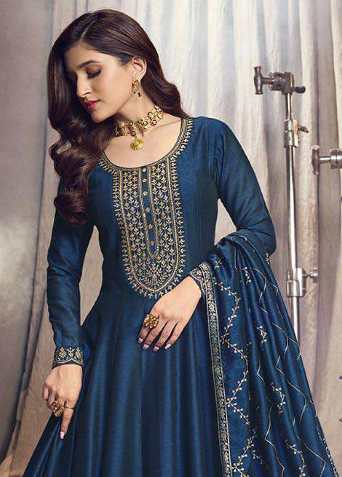 3 Pc Blue Semi Stitched Silk Suit Set Clearance Low Pice Fee Shipping