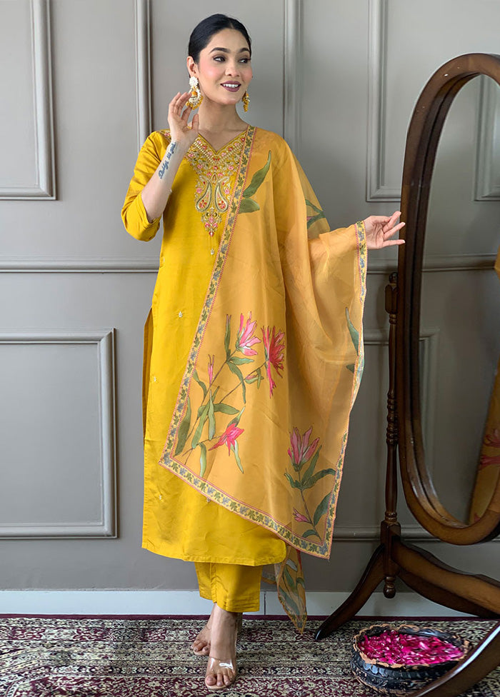 3 Pc Mustard Readymade Viscose Suit Set Cheap Sale 2025 Unisex