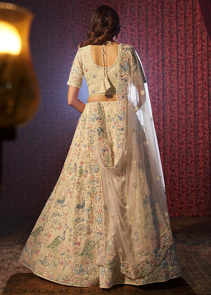 3 Pc Beige Georgette Semi Stitched Lehenga Set Huge Surprise For Sale