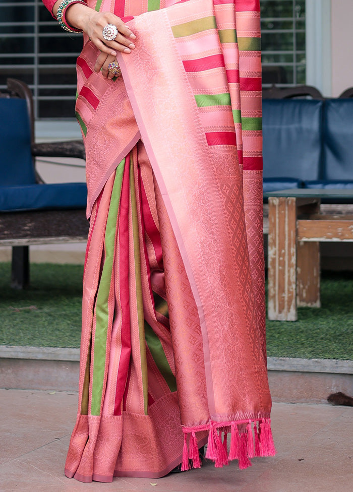 Peach Kanjivaram Silk Saree With Blouse Piece Clearance Largest Supplier