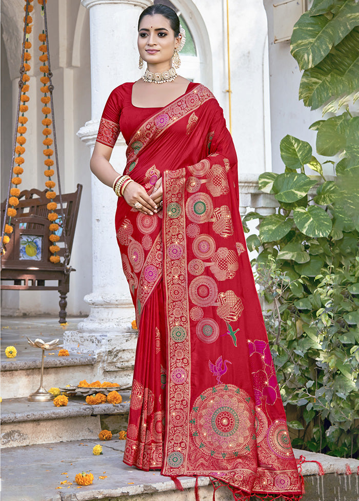 Red Spun Silk Saree With Blouse Piece Wide Range Of Sale Online