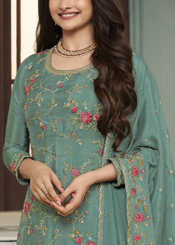 3 Pc Sea Blue Semi Stitched Viscose Suit Set Cheapest Sale Online