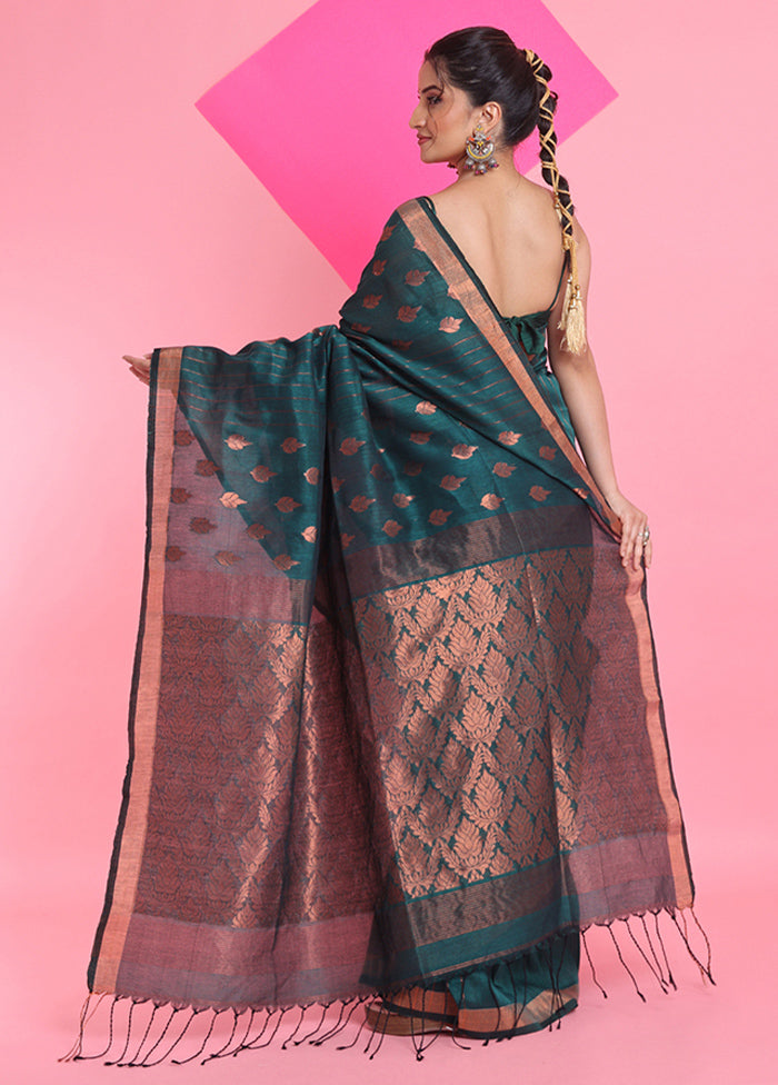 Teal Linen Silk Saree With Blouse Piece Discount Popular