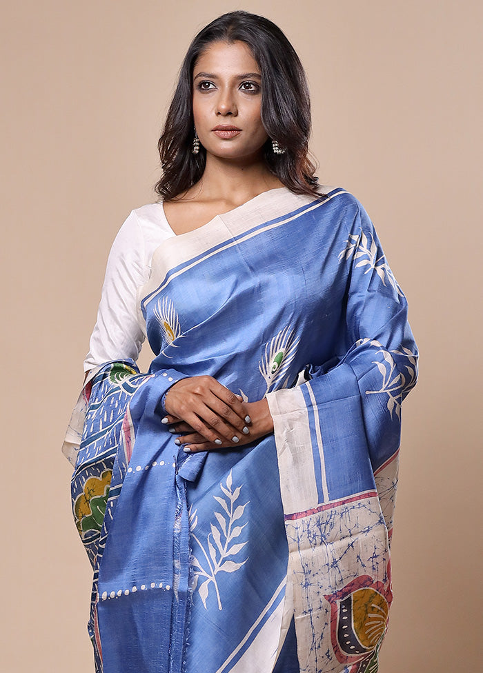 Blue Printed Pure Silk Saree Without Blouse Piece View