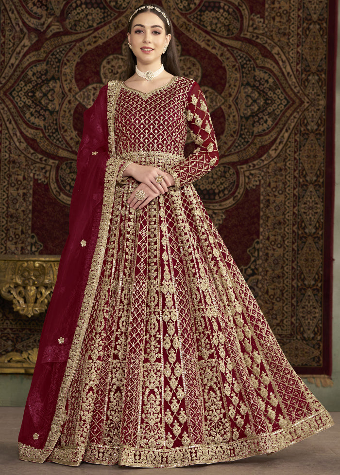 Maroon Semi Stitched Net Dupatta Indian Dress Sale Huge Surprise