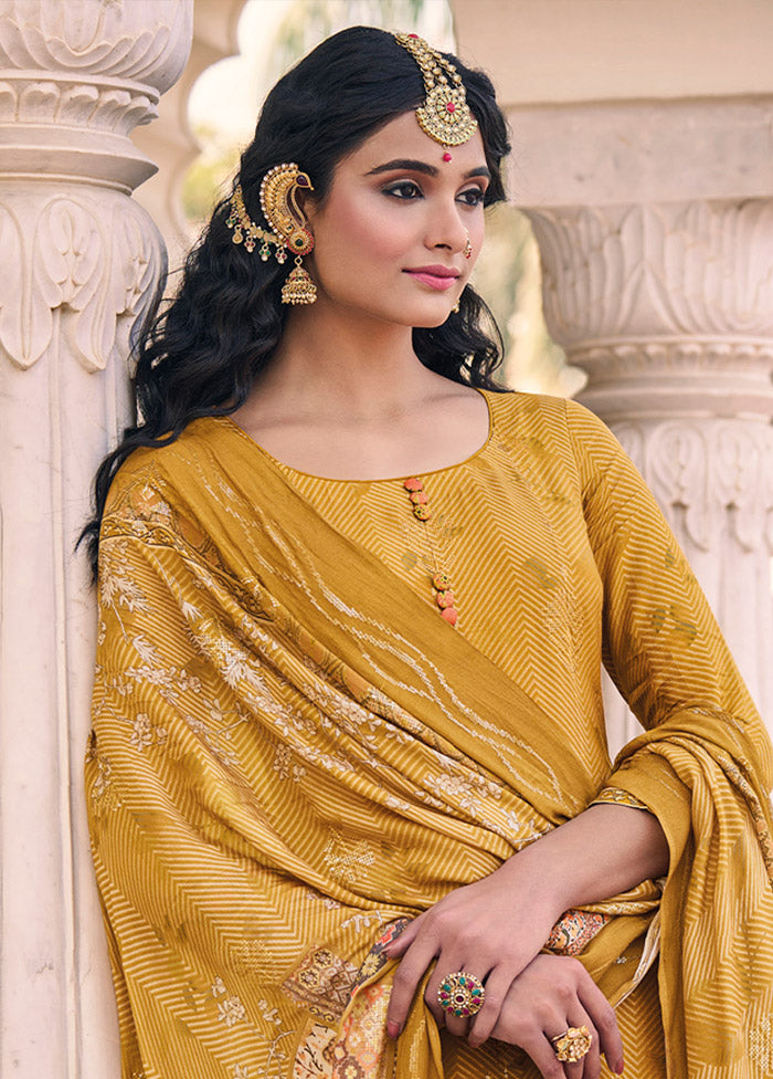 3 Pc Mustard Unstitched Silk Suit Set Clearance Pices