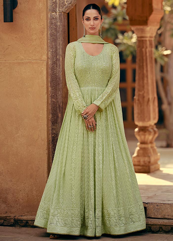 3 Pc Pista Green Semi Stitched Georgette Suit Set Cheap Sale Wholesale Pice