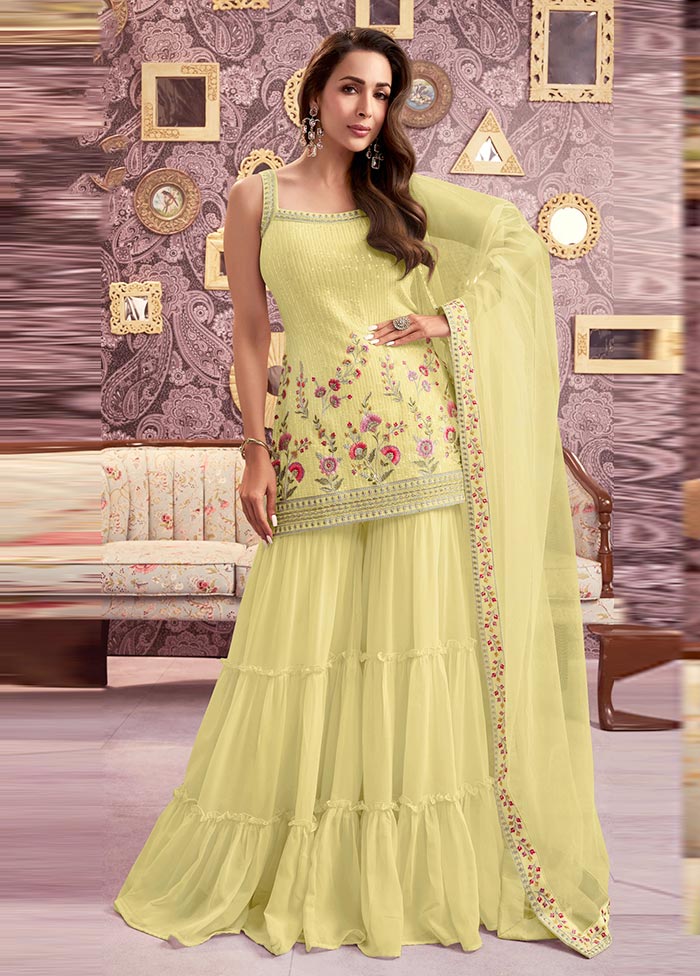 3 Pc Yellow Semi Stitched Georgette Suit Set Cheap Sale