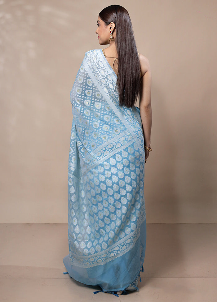 Sky Blue Kora Silk Saree With Blouse Piece Shop For Cheap Online