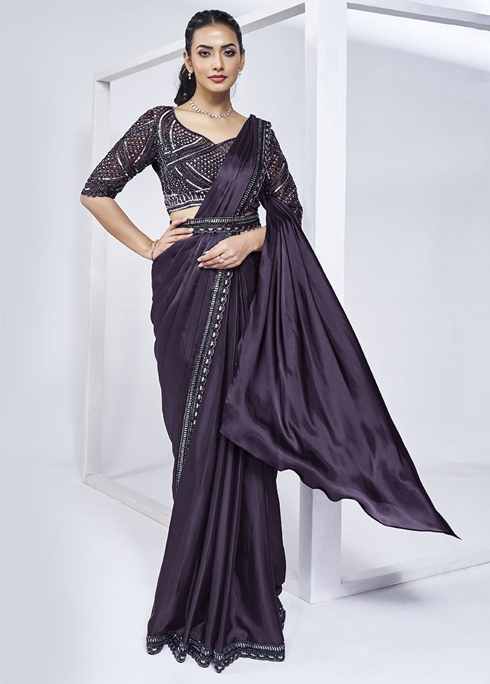 Purple Crepe Silk Saree With Blouse Piece Clearance Geniue Stockist