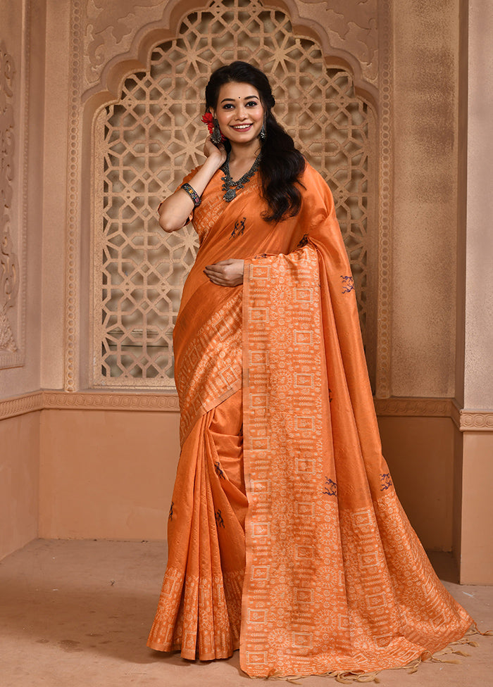 Orange Spun Silk Saree With Blouse Piece Outlet Locations Cheap Pice