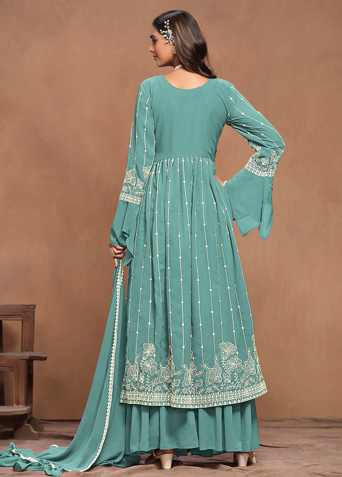 3 Pc Sky Blue Semi Stitched Georgette Suit Set Excellent Sale Online