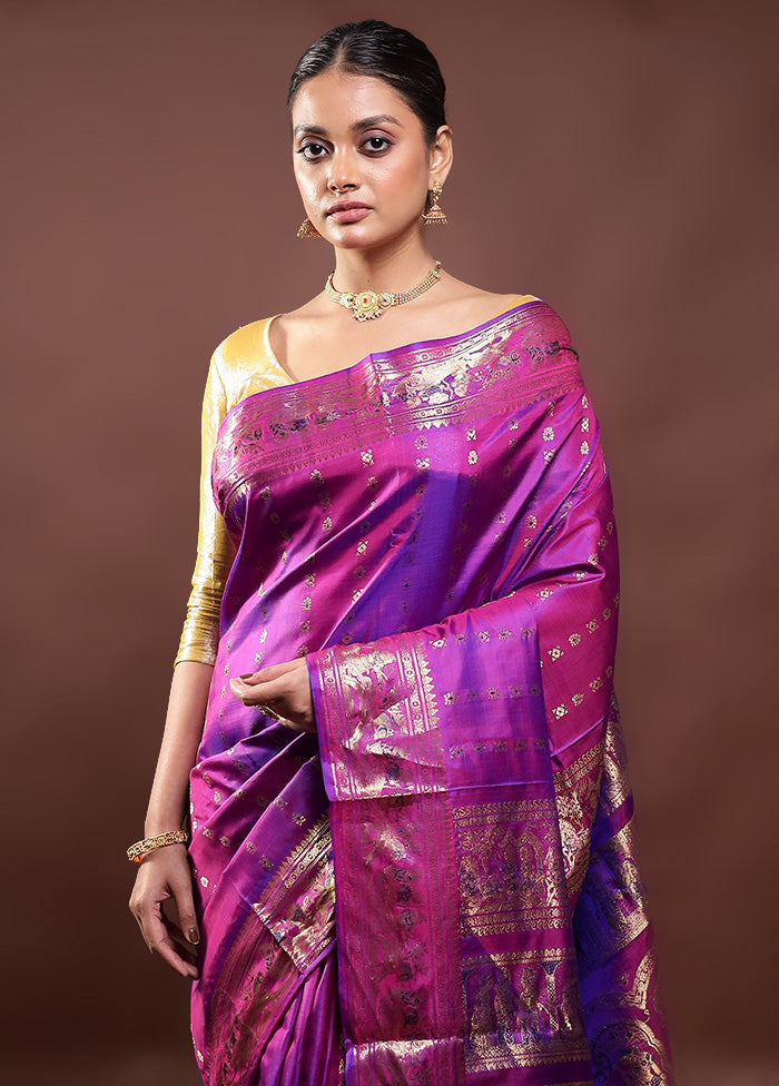 Purple Handloom Baluchari Pure Silk Saree With Blouse Piece For Nice For Sale