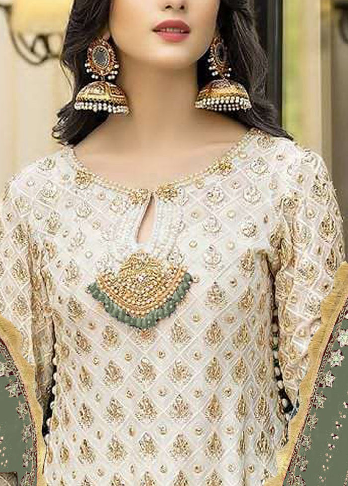 3 Pc Cream Semi Stitched Georgette Suit Set With Mastercard Cheap Online