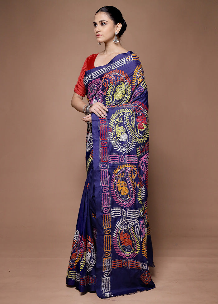 Blue Kantha Stitch Silk Saree With Blouse Piece Outlet Shop