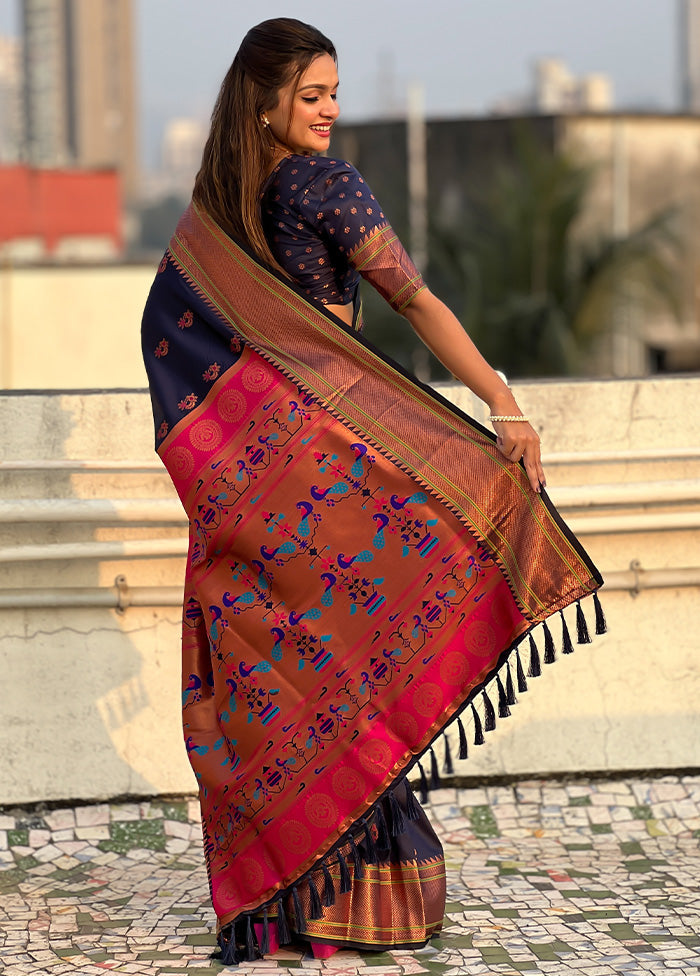 Navy Blue Spun Silk Saree With Blouse Piece Clearance Get Authentic