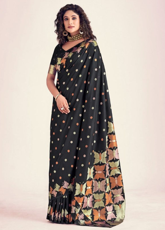 Black Spun Silk Saree With Blouse Piece Shop Sale Online