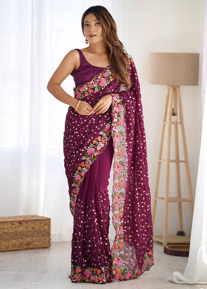 Wine Georgette Saree With Blouse Piece Official Site