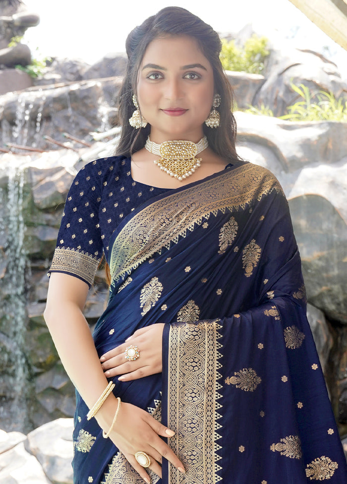 Navy Blue Satin Silk Saree With Blouse Piece Outlet Amazing Pice