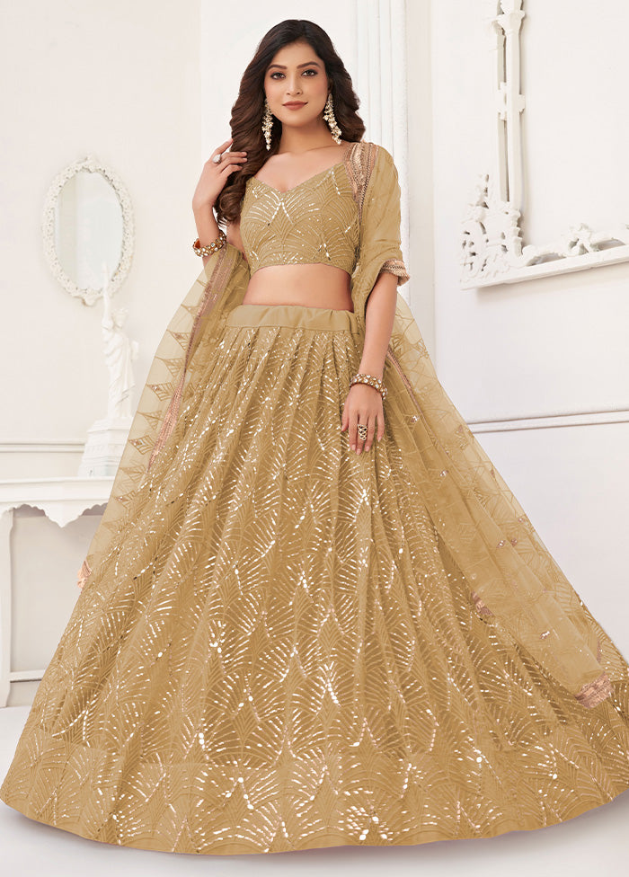 3 Pc Beige Net Semi Stitched Lehenga Set Cheap Sale Supply