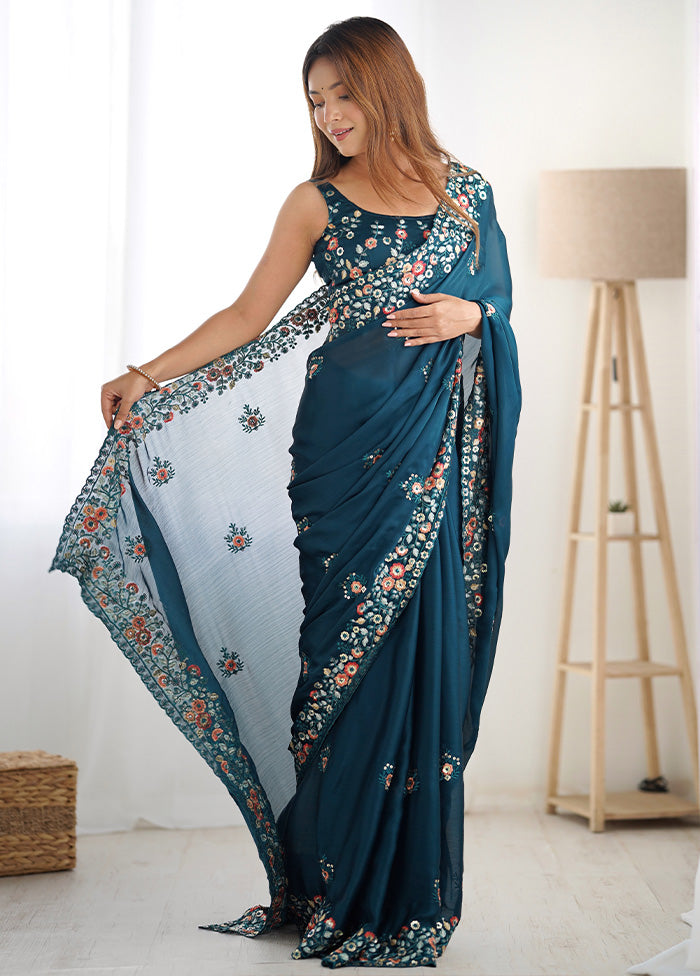 Teal Blue Satin Silk Saree With Blouse Piece For Nice For Sale