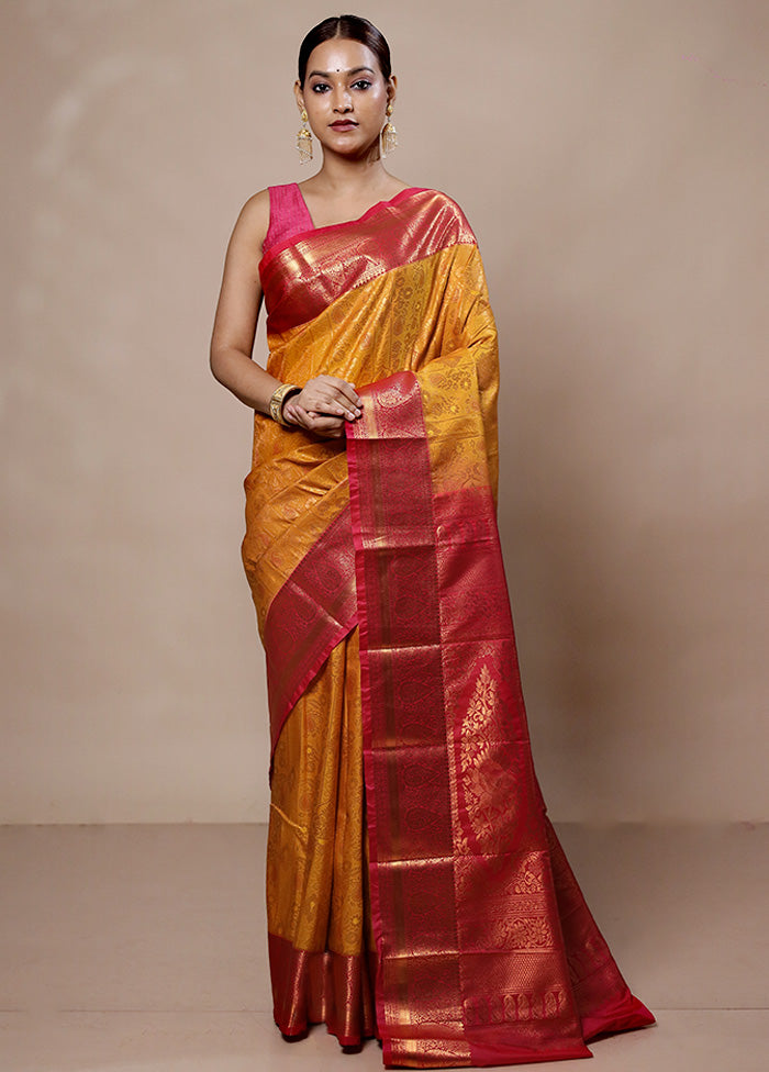 Yellow Kanjivaram Silk Saree With Blouse Piece Outlet Store For Sale