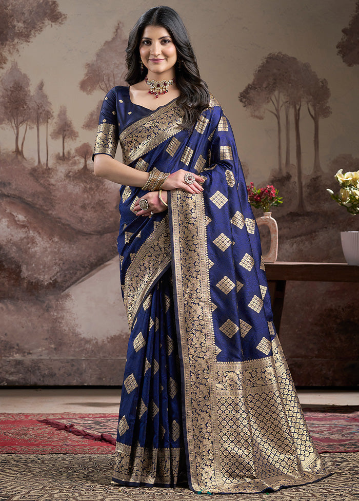 Navy Blue Spun Silk Saree With Blouse Piece Finishline Online