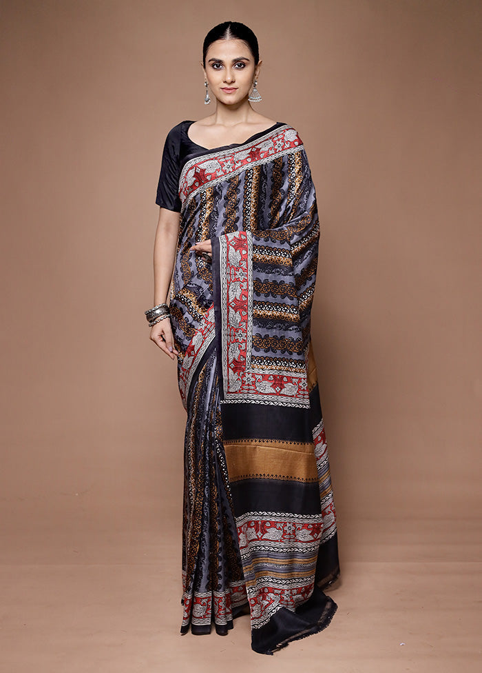 Black Printed Pure Silk Saree Without Blouse Piece Cheap Sale Exclusive