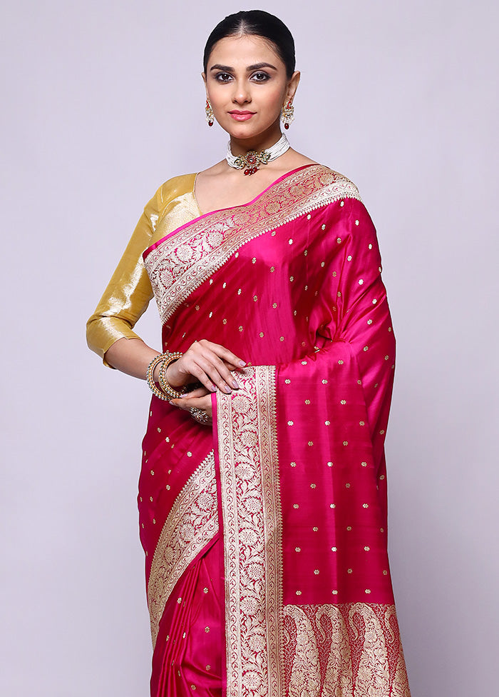 Pink Handloom Banarasi Pure Silk Saree With Blouse Piece 100% Authentic Sale Online