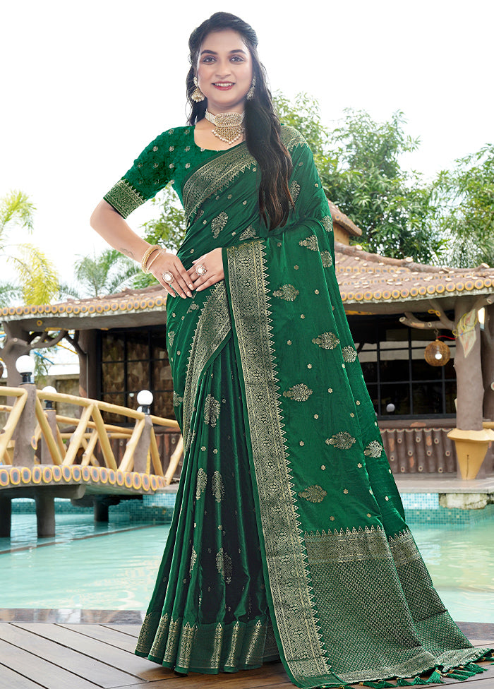 Dark Green Satin Silk Saree With Blouse Piece Cheap Sale Brand New Unisex