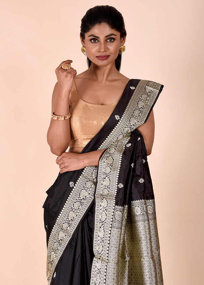 Black Handloom Katan Pure Silk Saree With Blouse Piece Outlet Fashion Style