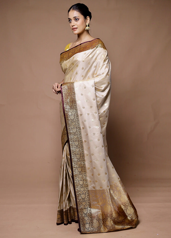 Cream Banarasi Silk Saree With Blouse Piece Latest Collections For Sale