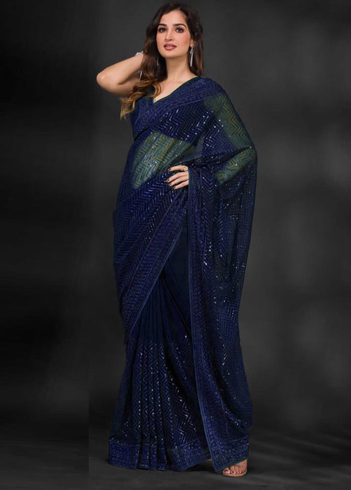 Navy Blue Georgette Saree With Blouse Piece Cheap Cost