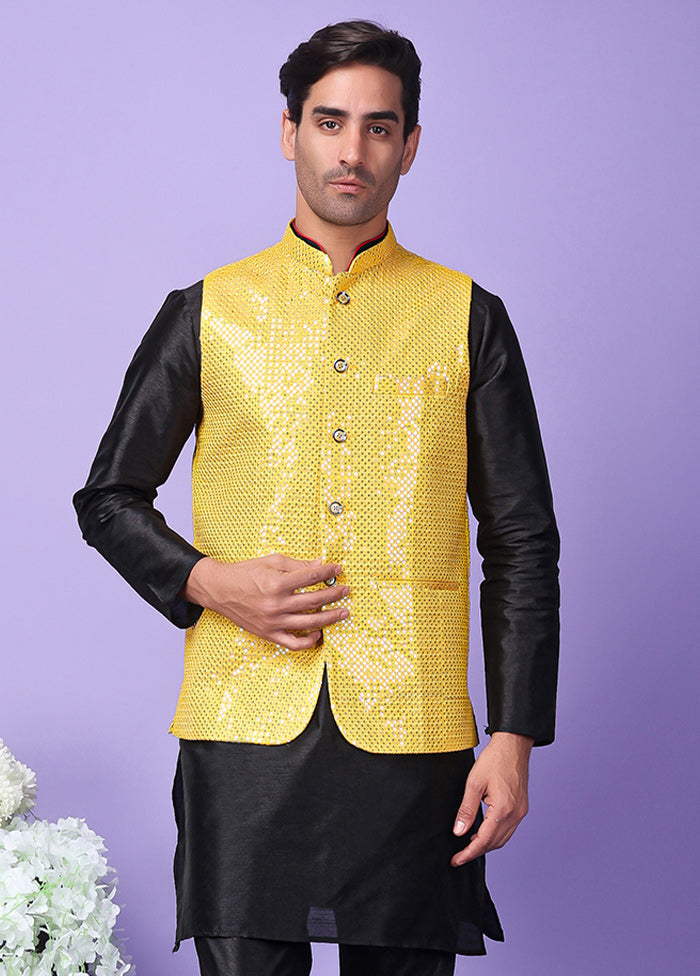 3 Pc Yellow Silk Nehru Set Discount Great Deals