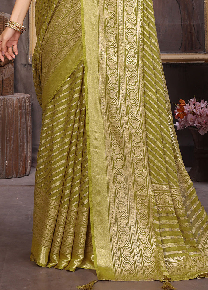 Olive Green Spun Silk Saree With Blouse Piece Clearance 2025 New