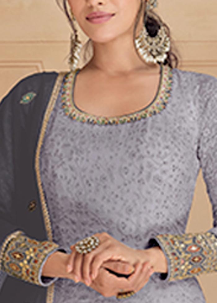 3 Pc Grey Semi Stitched Georgette Suit Set Fast Delivery Online