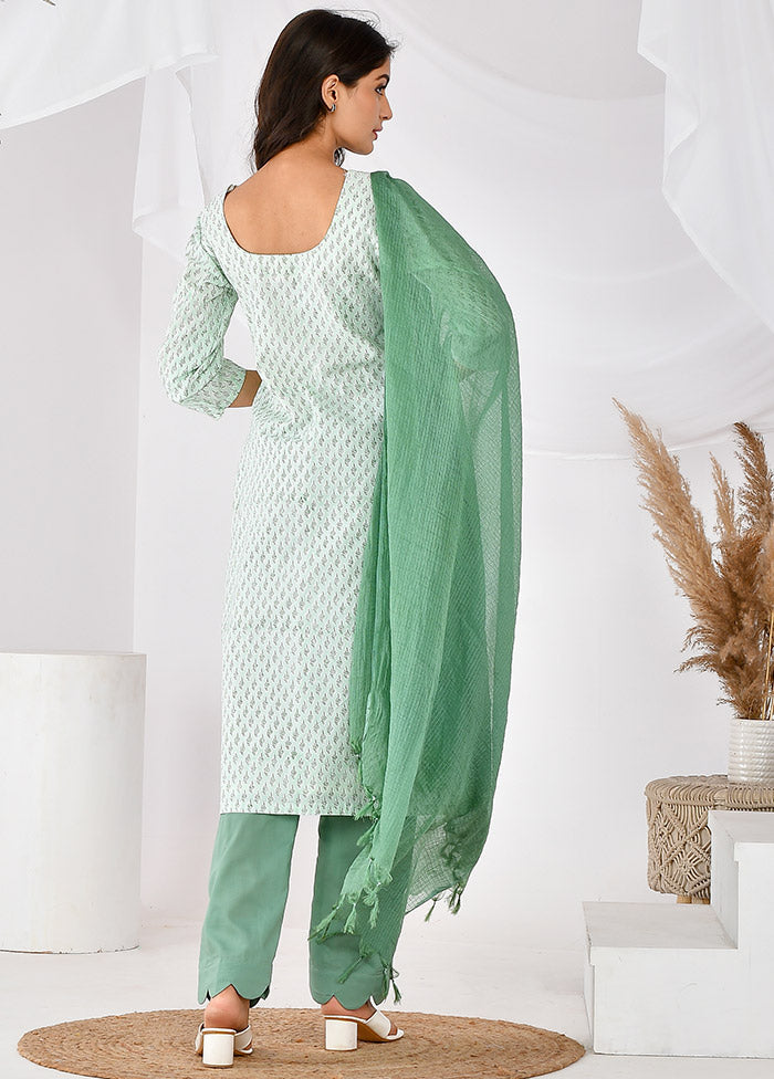 3 Pc Green Cotton Printed Suit Set Fashionable Sale Online